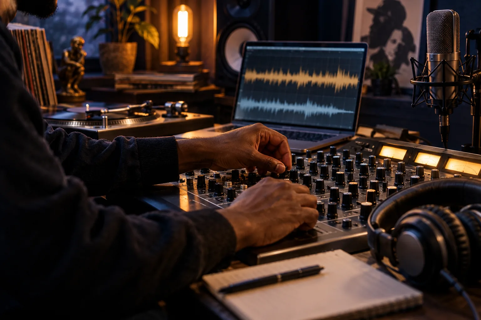 A producer working at a mixing console with a laptop, microphone, and turntable