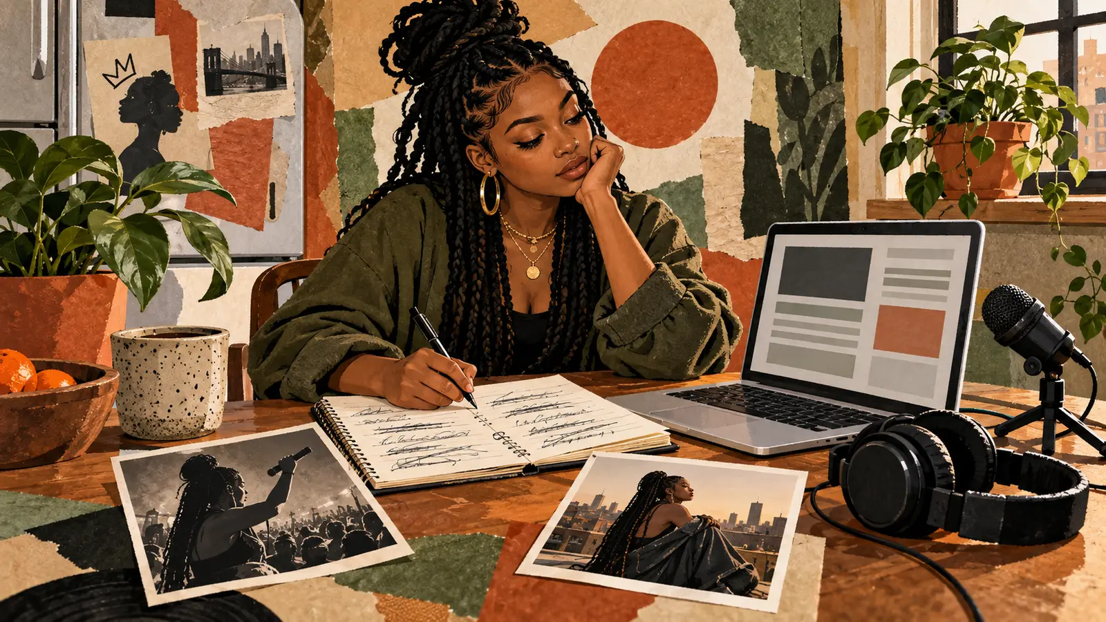 Independent rapper drafting an artist biography beside a laptop, microphone, headphones, and personal photographs