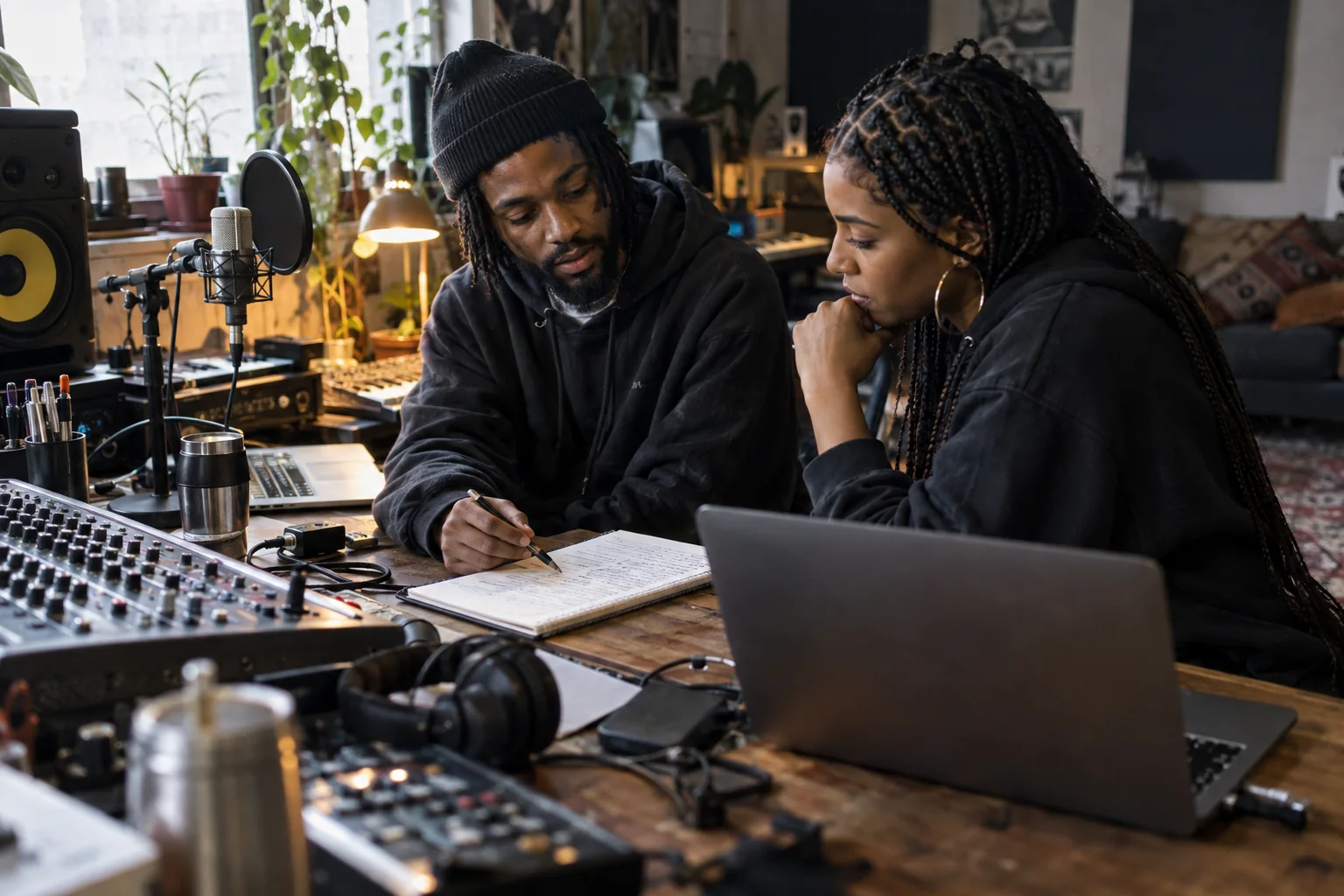 Two independent music creators discussing notes at a desk in a small recording studio
