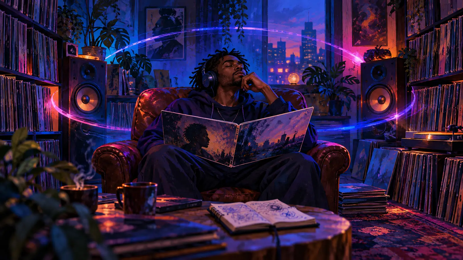 Hip-hop listener studying an album booklet while hearing a full project between home speakers