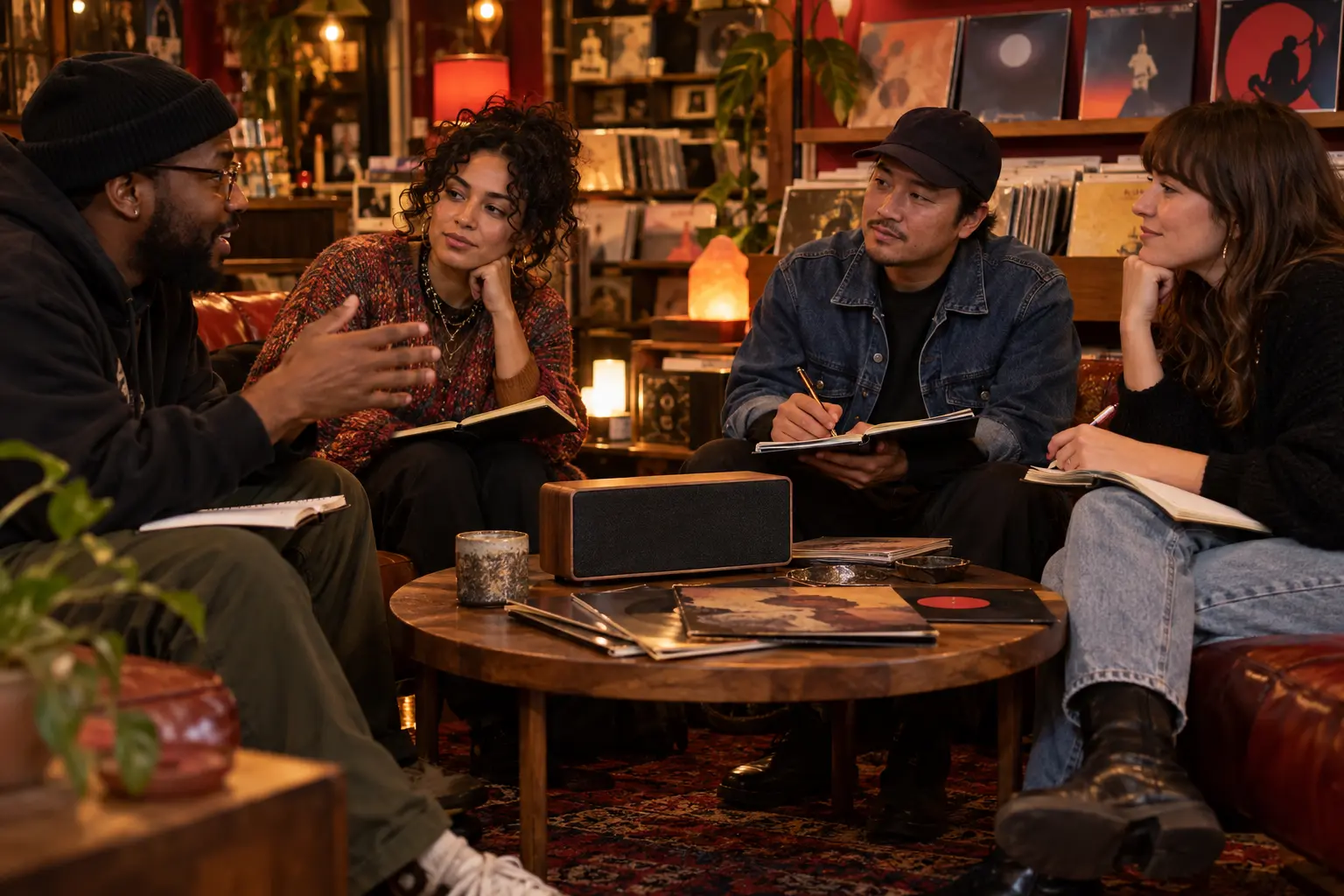 Four independent-music listeners discussing notes around a tabletop speaker in a record-store lounge