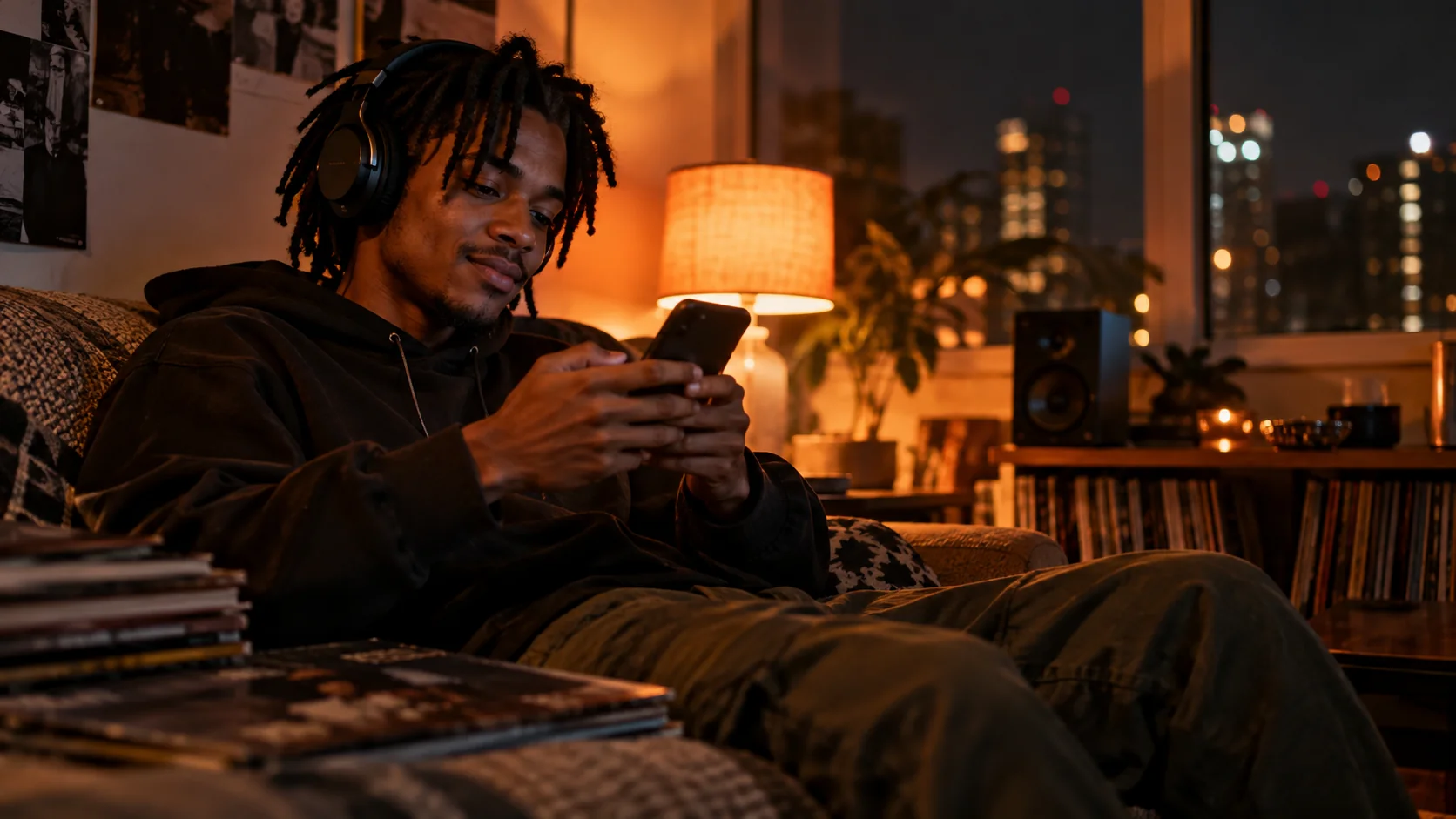 Listener in headphones writing a message on a phone beside a speaker at home
