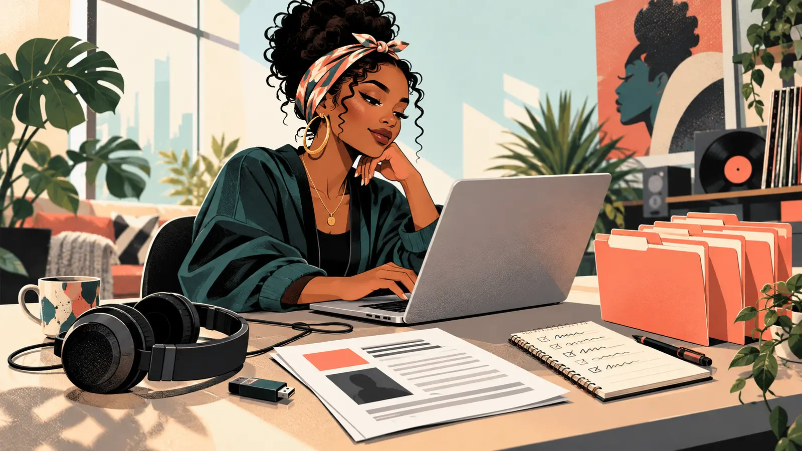 Independent artist organizing audio files and a concise radio submission email at a bright studio desk