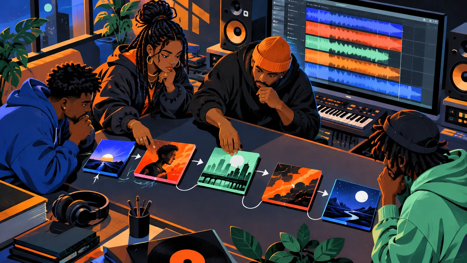 Independent rap team arranging five illustrated track cards into a connected EP sequence in a studio