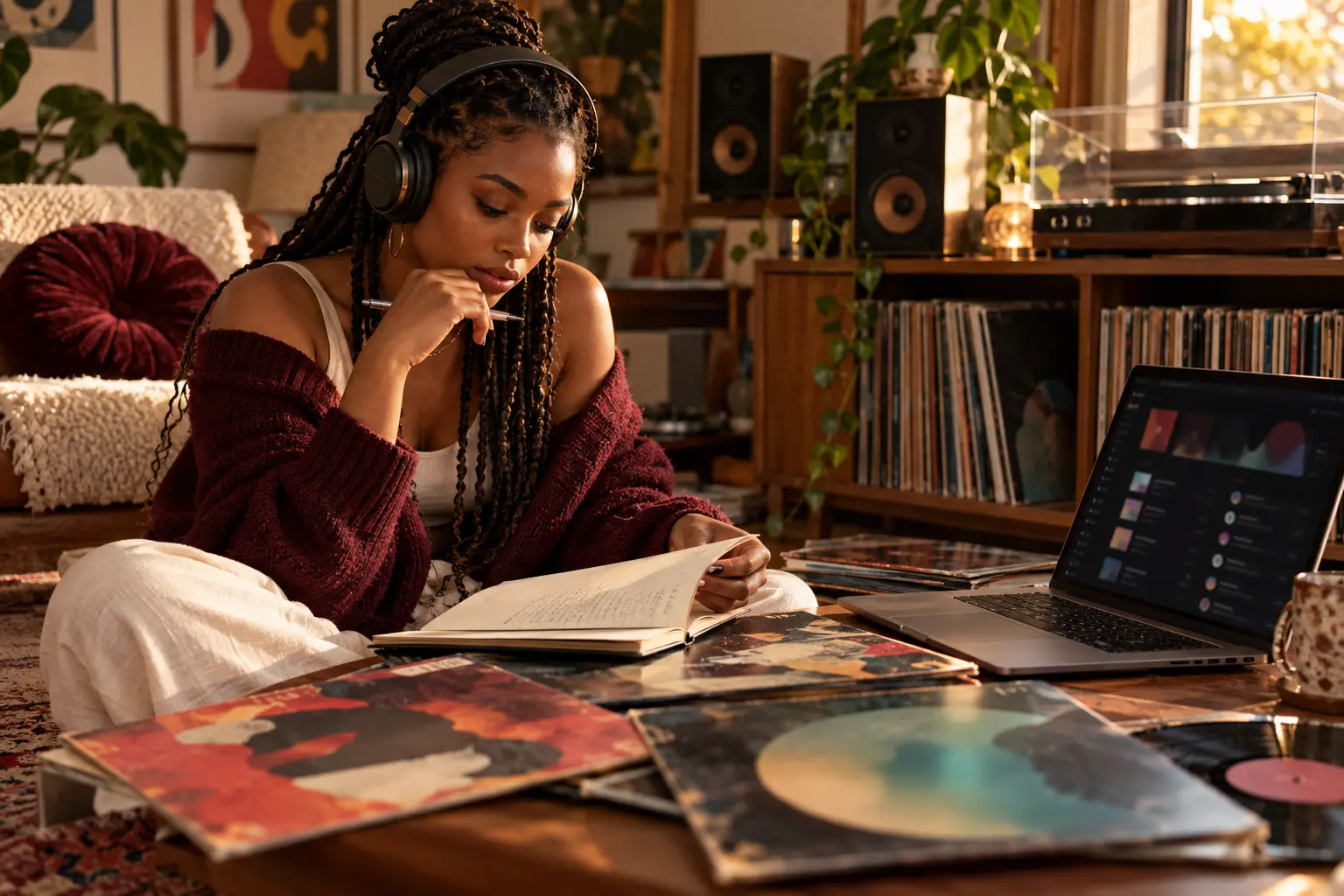 R&B listener studying song credits and taking discovery notes beside records and headphones